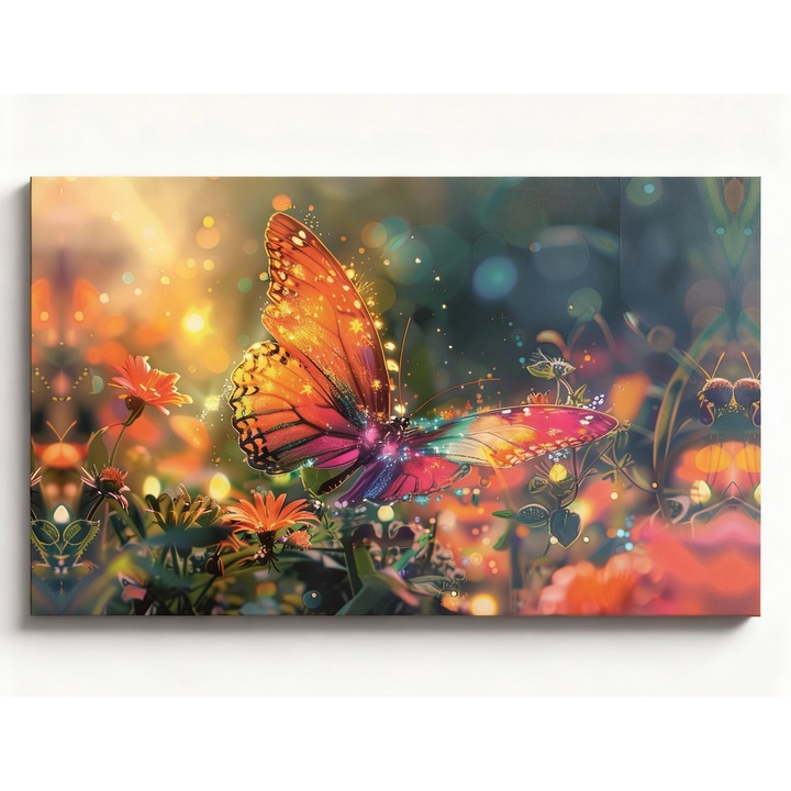 Tablou Canvas Fluture pe Flori, Tablou Decorativ Vibrant, Fluture Viu Colorat, Canvas pe sasiu de lemn, 70x100cm