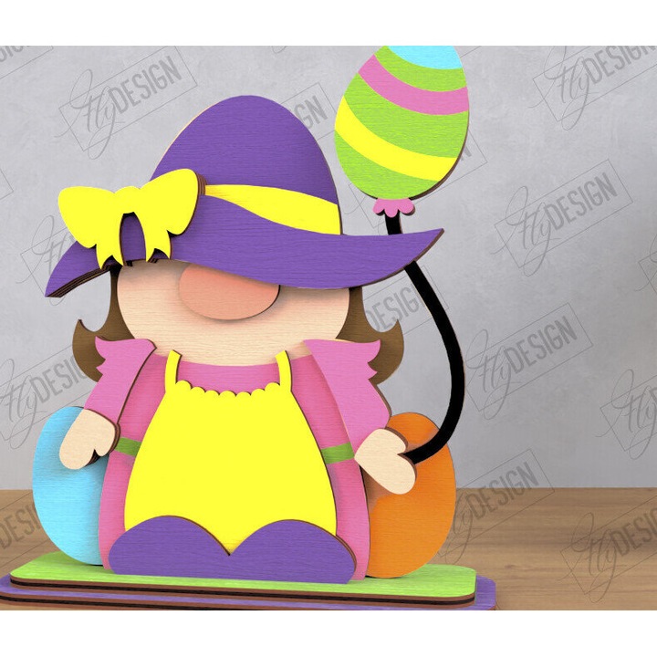 Gnome Bunny Pascha, Intrahome, 15x15cm, din plywood 3mm-4mm, ideal pentru decorare si proiecte DIY