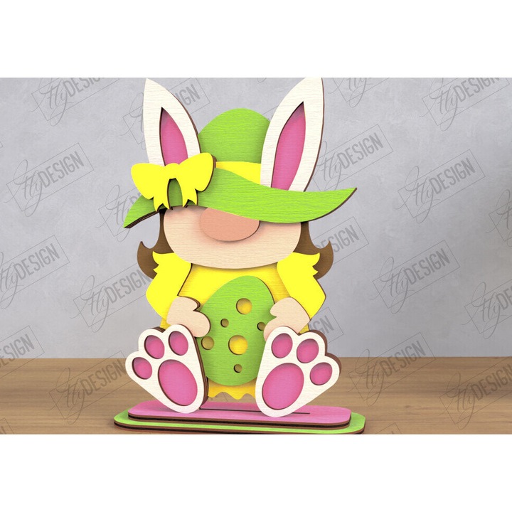 Gnome Bunny Pascha, accesorii decorative, 15x15cm, din plywood 3mm-4mm, set