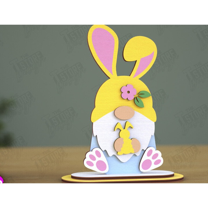 Gnome Bunny Pascha, Intrahome, 15x15cm, din plywood 3mm-4mm, set de accesorii decorative