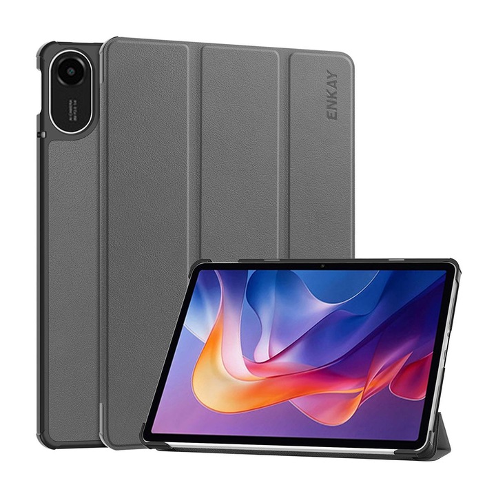 Калъф за таблет ENKAY Redmi Pad 2 11.0, Три-сгъваем, Custer Текстура, Кожа, Интелигентен, Сив