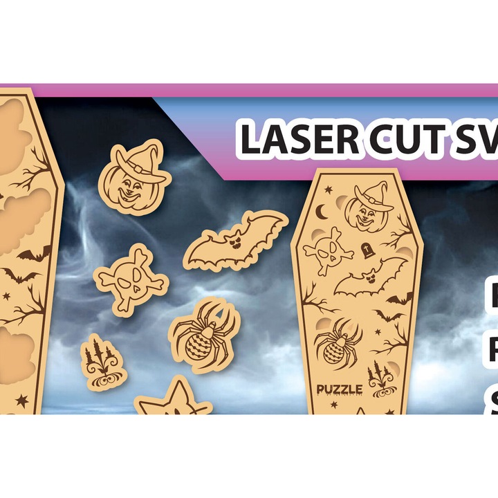 Puzzle Halloween Cofra din Lemn Plywood 3mm-4mm, 15x15cm, Set