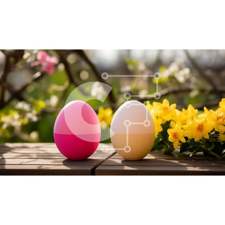 Puzzle Intrahome, 10x10 cm, 25 piese, roz si alb, oua pascale pe masa din lemn cu flori galbene, set in cutie de lemn