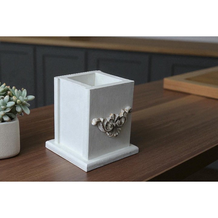 Suport pentru ustensile de bucatarie, din mdf, pictat manual, ornament lemn, inaltime 15 cm