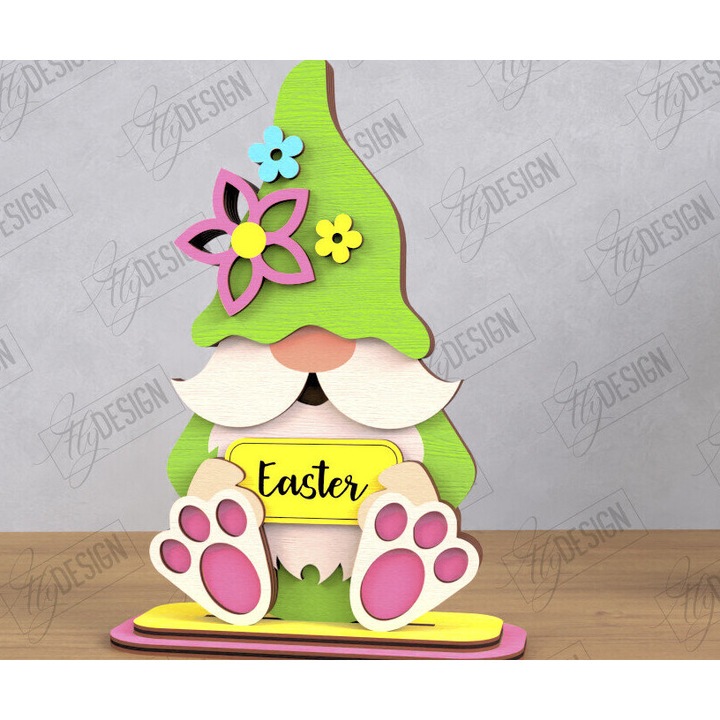 Gnome Bunny Pascha, accesorii decorative, 15x15cm, din plywood 3mm-4mm, set de decorare DIY