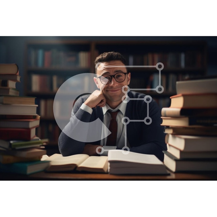 Puzzle din lemn, 10x10cm, 25 piese, imagine cu barbat citind in biblioteca, cutie din lemn wenge