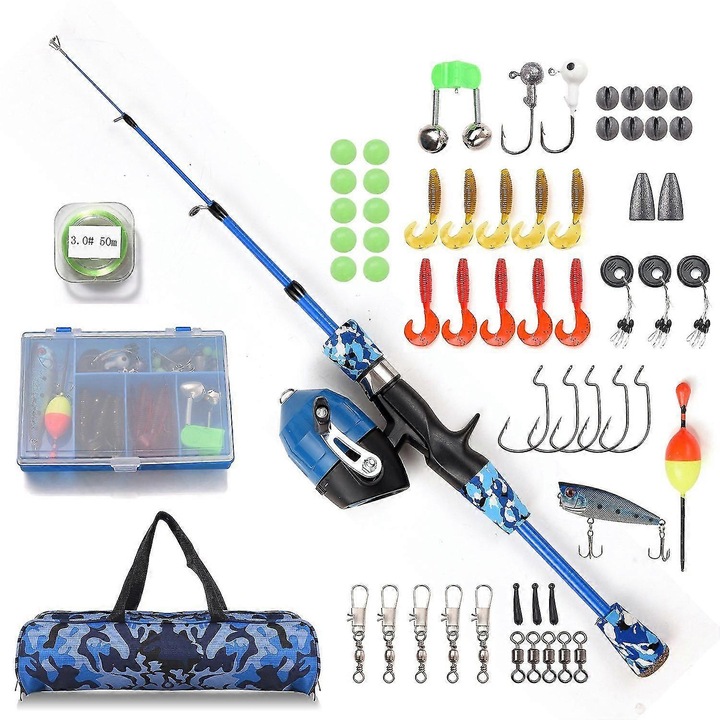 Set lansete pescuit telescopice 1.2m/1.5m cu mulineta spincast, maner EVA, geanta de transport, culoare albastra/roz