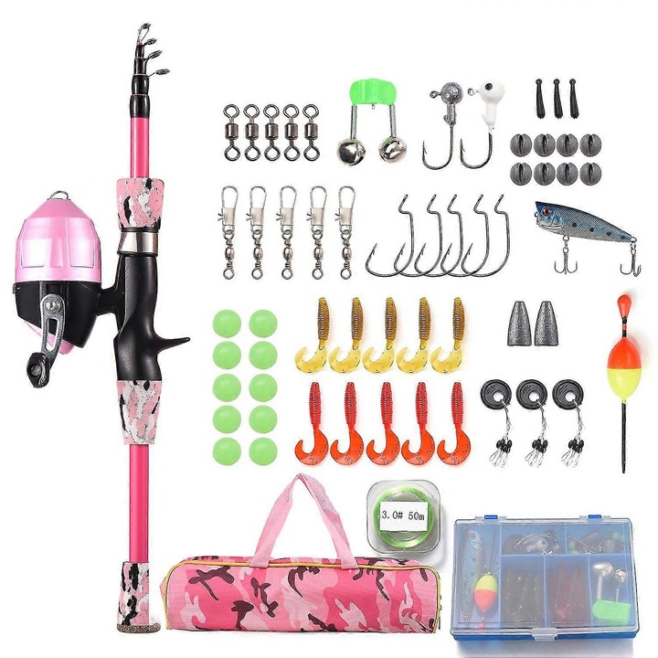 Set lansete pescuit telescopice 1.2m/1.5m cu mulineta spincast, maner EVA, geanta de transport, culoare albastru/roz