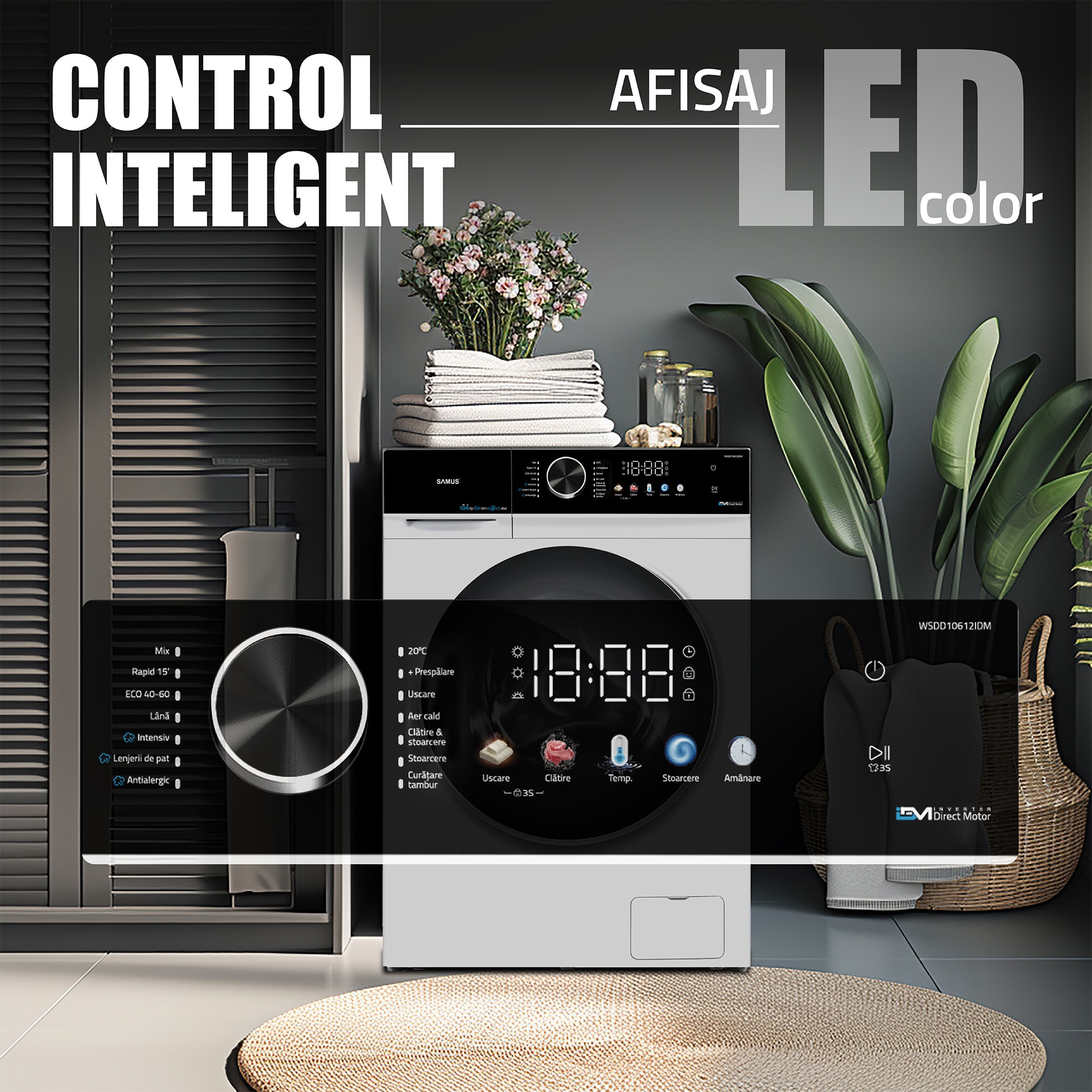 Mașină de spalat rufe cu uscător Samus WSDD10612IDM, 10kg spalare, 6kg uscare, Display LED color, Clasa A/E