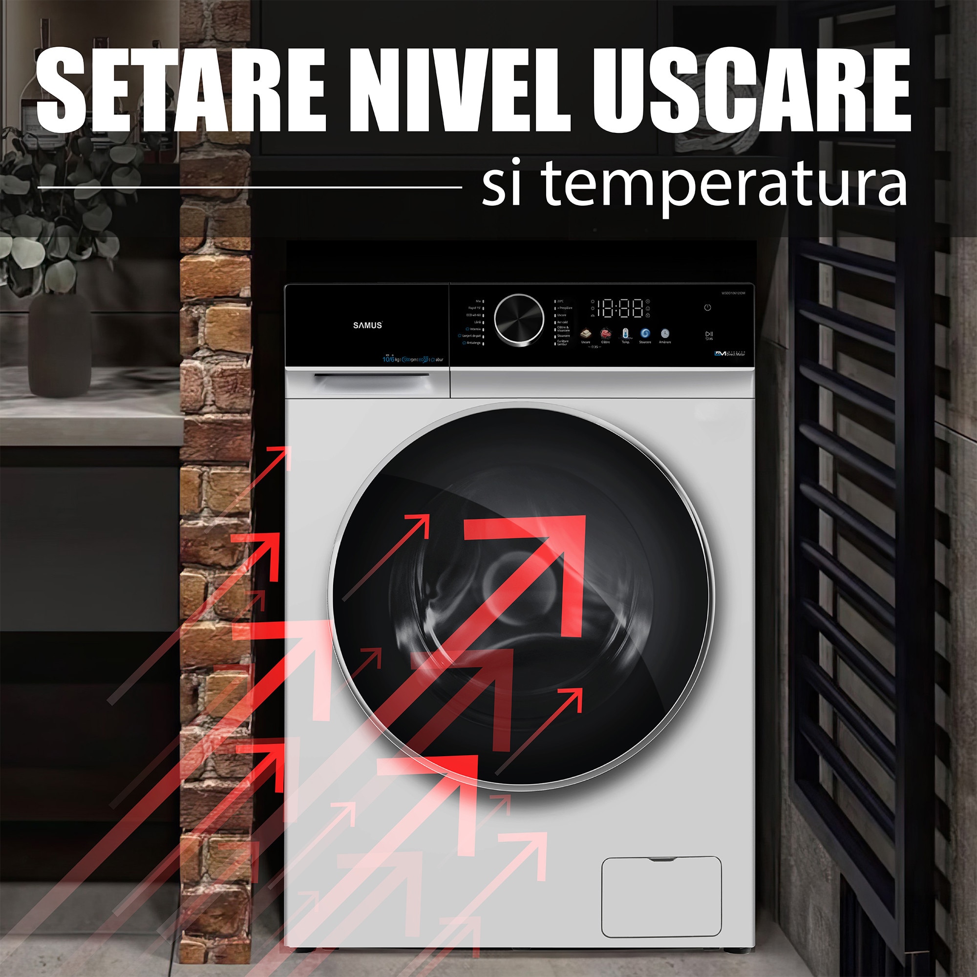Mașină de spalat rufe cu uscător Samus WSDD10612IDM, 10kg spalare, 6kg uscare, Display LED color, Clasa A/E