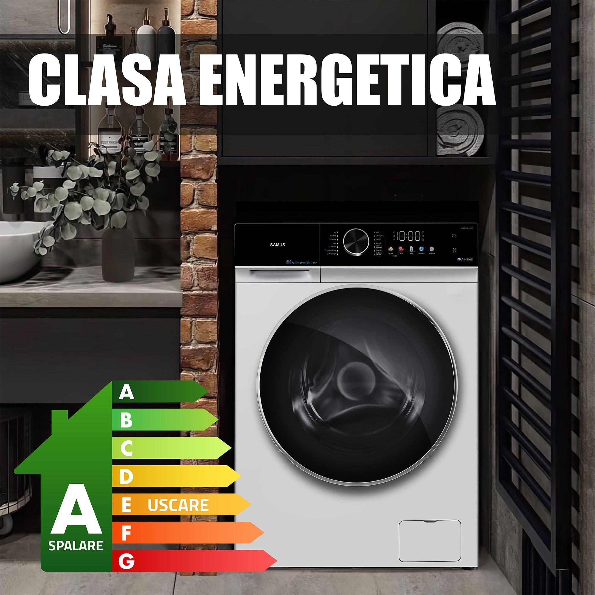Mașină de spalat rufe cu uscător Samus WSDD10612IDM, 10kg spalare, 6kg uscare, Display LED color, Clasa A/E
