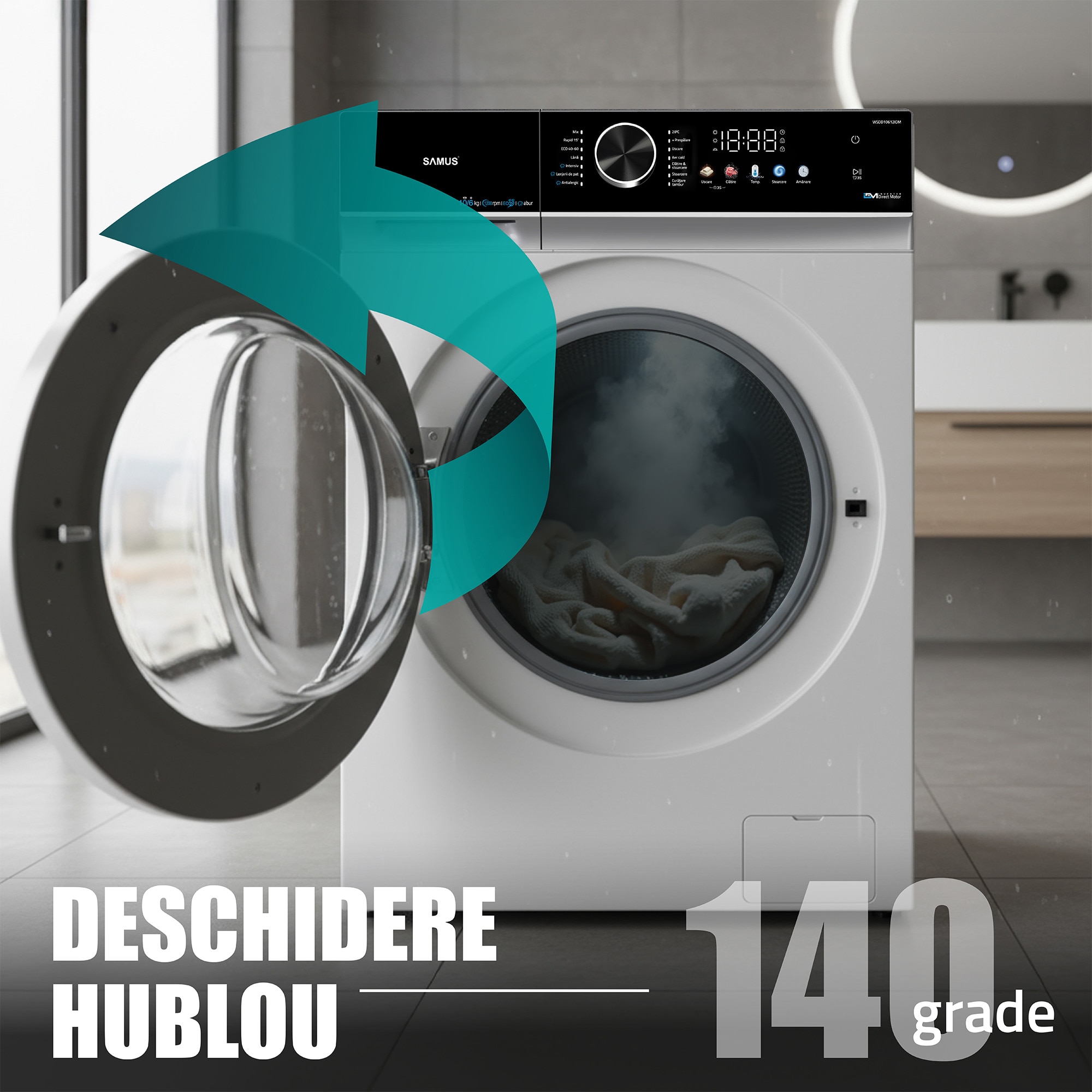 Mașină de spalat rufe cu uscător Samus WSDD10612IDM, 10kg spalare, 6kg uscare, Display LED color, Clasa A/E