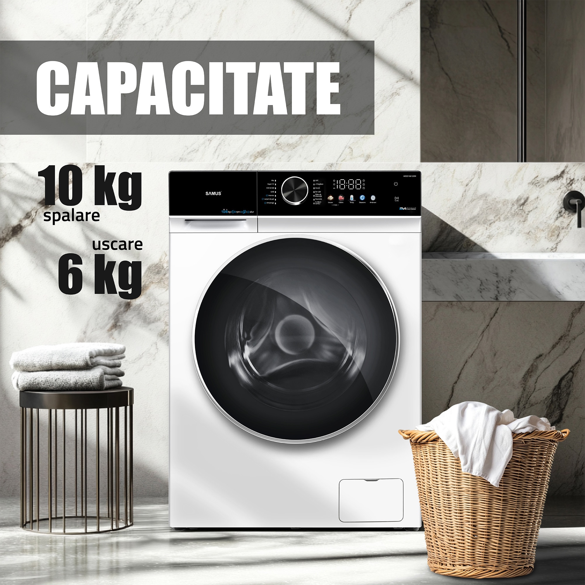 Mașină de spalat rufe cu uscător Samus WSDD10612IDM, 10kg spalare, 6kg uscare, Display LED color, Clasa A/E