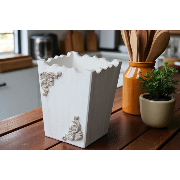Suport pentru ustensile de bucatarie, din mdf, pictat manual, alb vintage, ornamente de lemn, inaltime 20 cm
