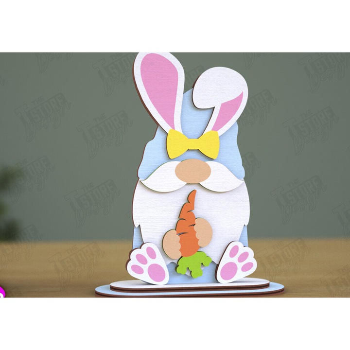 Gnome Bunny Pascha, Intrahome, 15x15cm, din plywood 3mm-4mm, set de accesorii decorative