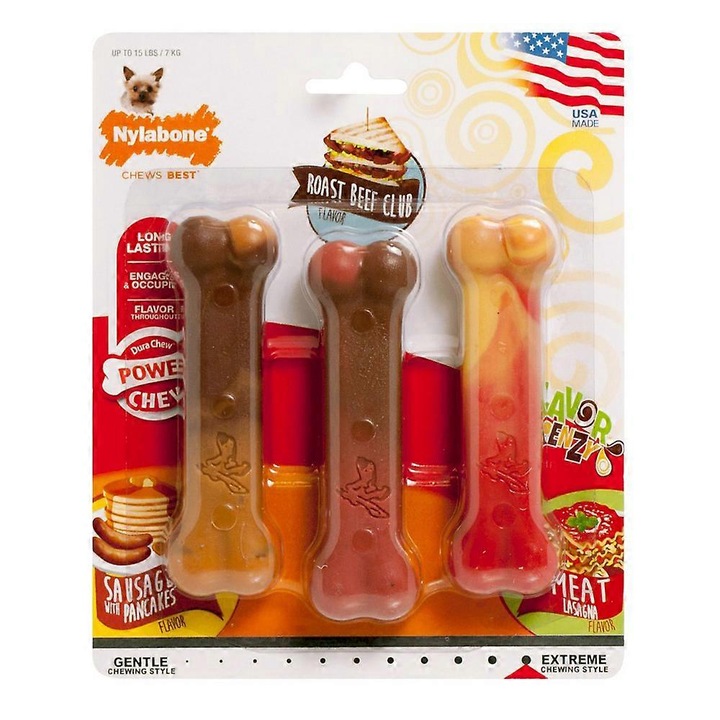 Pachet set Nylabone Flavor Frenzy Power Chew, Pancakes & Sausage, Roast Beef Club, Lasagna, Extra Small/Petite, pana la 15 lbs (3 buc)