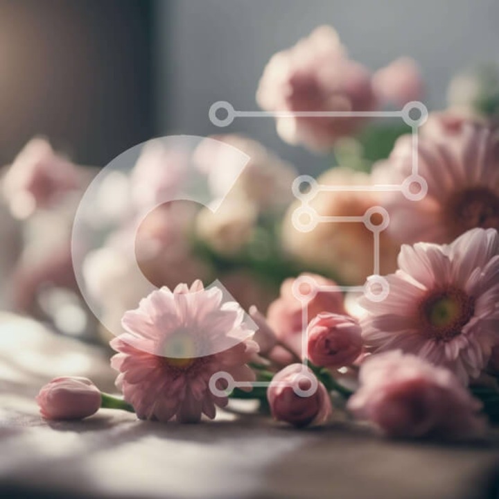 Puzzle din lemn Intrahome - Mpouketo cu flori roz pe masa din lemn, 10x10 cm, 25 piese, set in cutie de lemn