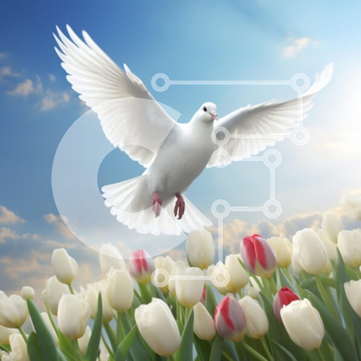 Puzzle din lemn Intrahome, 25 piese, 10x10 cm, imagine cu porumbel alb pe fundal de flori, cutie din lemn wenge