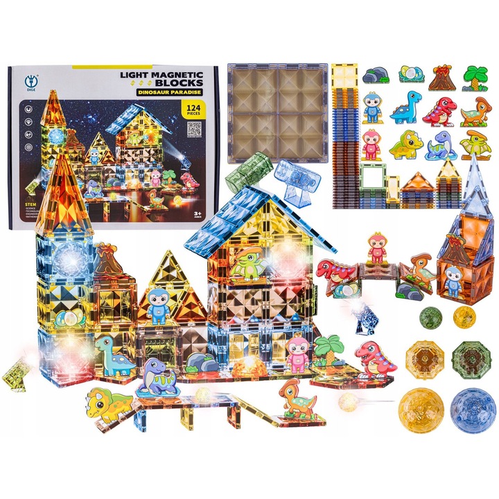 Set de constructie BEMI, Klocki magnetice colorate, 124 elemente, dimensiune 6,5x6,5cm, cu dinozauri si accesorii luminoase