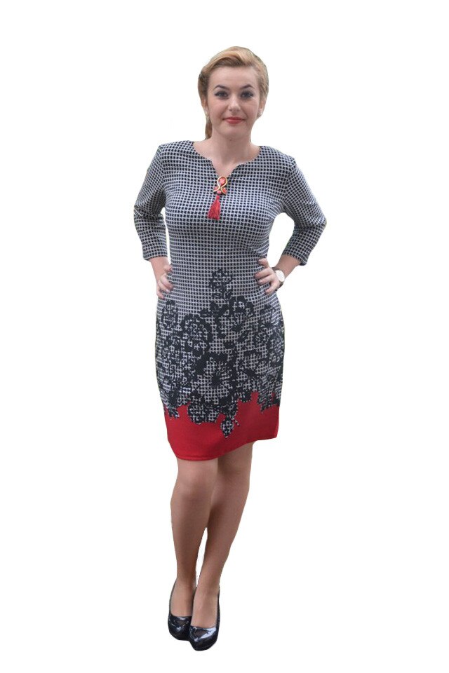 Rochie de zi, croi clasic, D&J Exclusive, negru-rosu