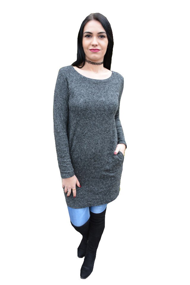 Rochie tricotata cu maneca lunga si buzunare ascunse,D&J Exclusive, Gri inchis