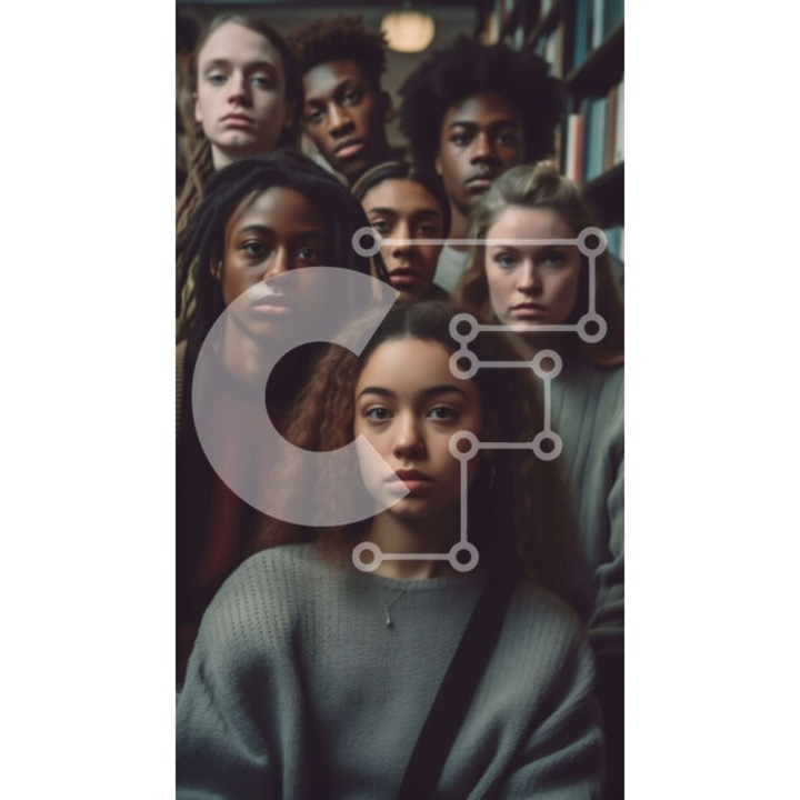 Puzzle din lemn Intrahome, 10x10 cm, 25 piese, imagine grup de tineri in biblioteca, cutie din lemn wenge