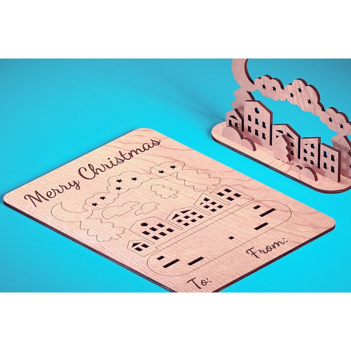 Felicitare de Craciun din lemn taiat cu laser, Intrahome, 15x15 cm, grosime 3mm-4mm, set