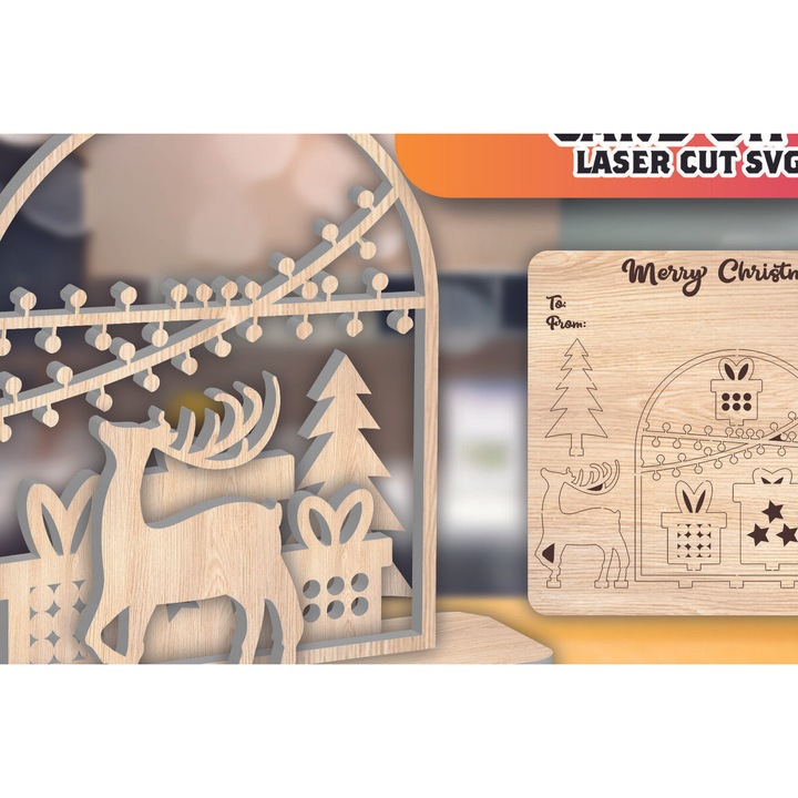 Felicitare de Craciun din lemn taiat cu laser, Intrahome, 15x15 cm, 3mm-4mm, set