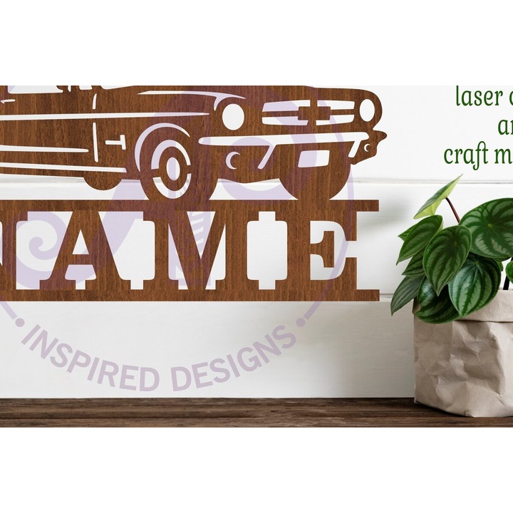 Semn de nume pentru masini clasice din lemn, Intrahome, design cu laser, 30x20cm, 3mm-4mm, fabricat in Grecia