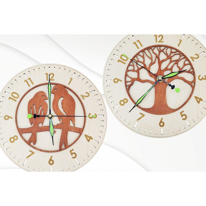 Ceas decorativ Intrahome, rola cu 2 motive, din plywood 3mm-4mm, 20x20cm