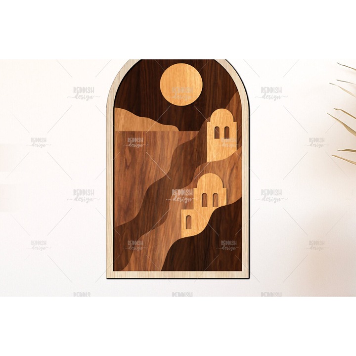 Tablou 3D stratificat Cliffside Village at Dusk, Intrahome, din plywood, culoare wenge, dimensiuni 40x50cm