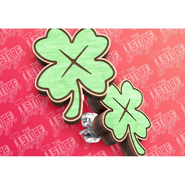 Cercei din lemn Plywood 3mm-4mm, Intrahome, design Clover, set, 3x3 cm