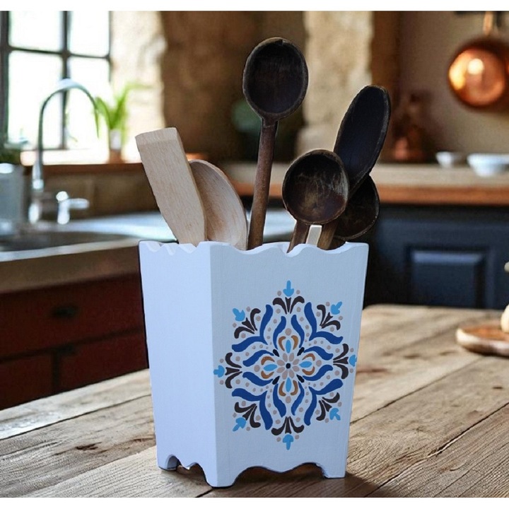 Suport pentru ustensile de bucatarie, din mdf, pictat manual, inaltime 20 cm