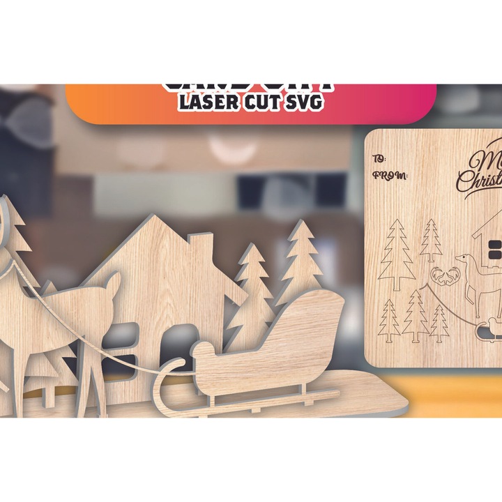 Felicitare de Craciun din lemn taiat cu laser, Intrahome, 15x15 cm, grosime 3mm-4mm, set