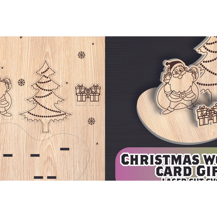 Felicitare de Craciun din lemn taiat cu laser, Intrahome, 15x15 cm, grosime 3mm-4mm, set