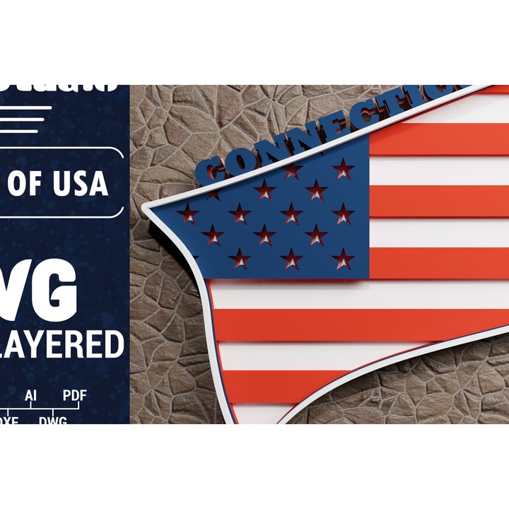 Placa lemn, Kopsimo chartiou 3D Flag Connecticut, 3mm-4mm, 1200x1200cm, set