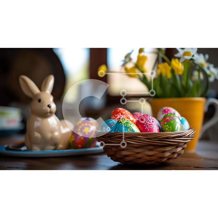 Puzzle Intrahome, 10x10 cm, 25 piese, imagine cu masa de Paste, culori multicolore, cutie din lemn wenge