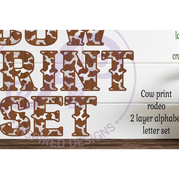 Set litere alfabet cu imprimeu vaca, Intrahome, din plywood 3mm-4mm, 30x20cm