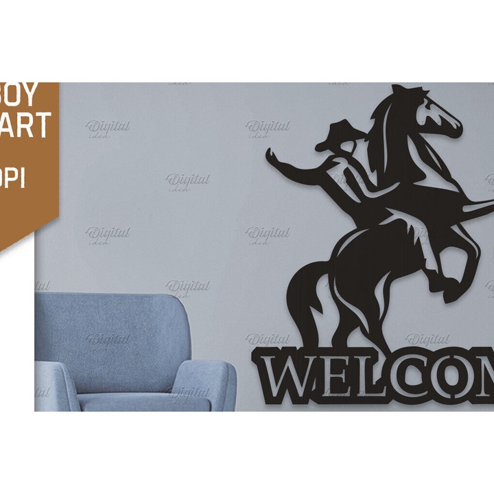 Arta de perete Cowboy din lemn taiat cu laser, Intrahome, 40x50 cm, 3mm-4mm, set de accesorii decorative