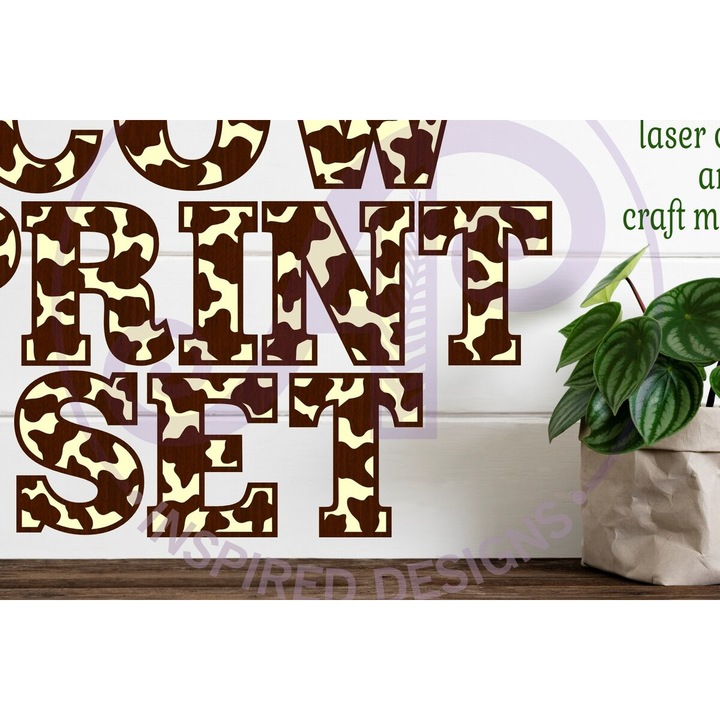 Set litere alfabet cu imprimeu vaca, Intrahome, 30x20cm, din plywood 3mm-4mm, pentru proiecte DIY