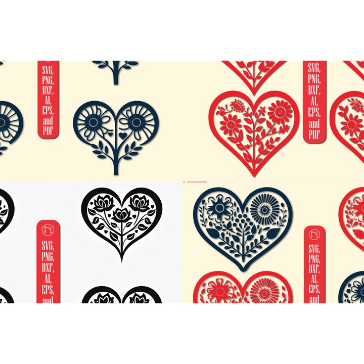 Seturi de artizanat, Paketo Cricut Valentine Floral Heart, 3mm-4mm, 4x4cm, din plywood