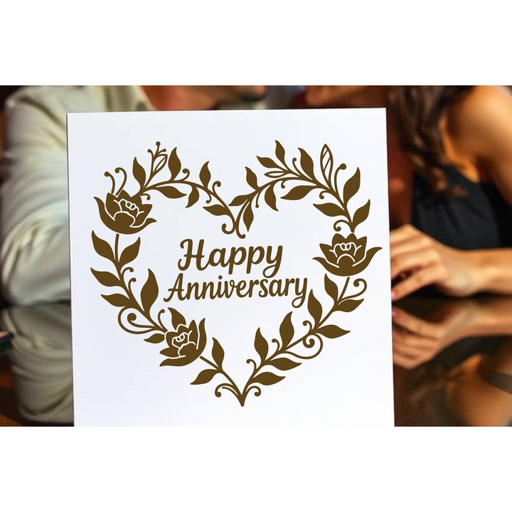 Felicitare Cricut Happy Anniversary, Intrahome, din plywood 3mm-4mm, 20x20 cm