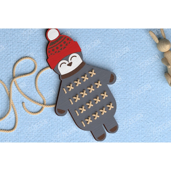 Joc educativ, Intrahome, Pinguin brodat, 15x15cm, din lemn de placaj 3mm-4mm, set