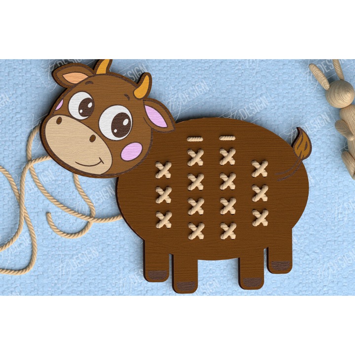 Joc educativ Cross Stitch Cow, Intrahome, din lemn de plywood 3mm-4mm, 15x15 cm, set pentru activitati creative