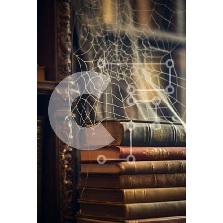 Puzzle din lemn Intrahome, 10x10 cm, 25 piese, imagine cu biblioteca si paianjeni, cutie din lemn wenge