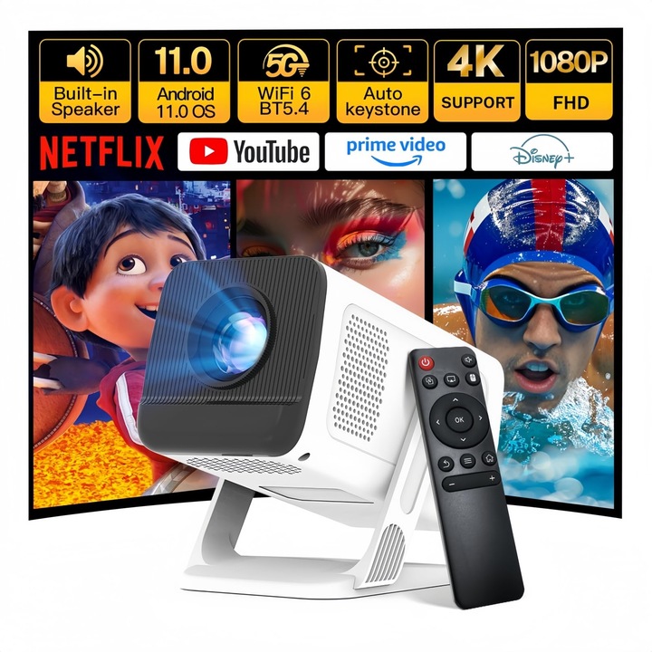 Mini proiector LYNCAST 1080P, rotatie 270, WiFi 6, Bluetooth 5.4