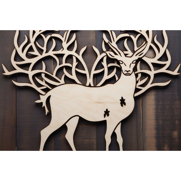 Decoratiune din lemn taiat cu laser, Intrahome, cerb, 3mm-4mm, 30x20cm