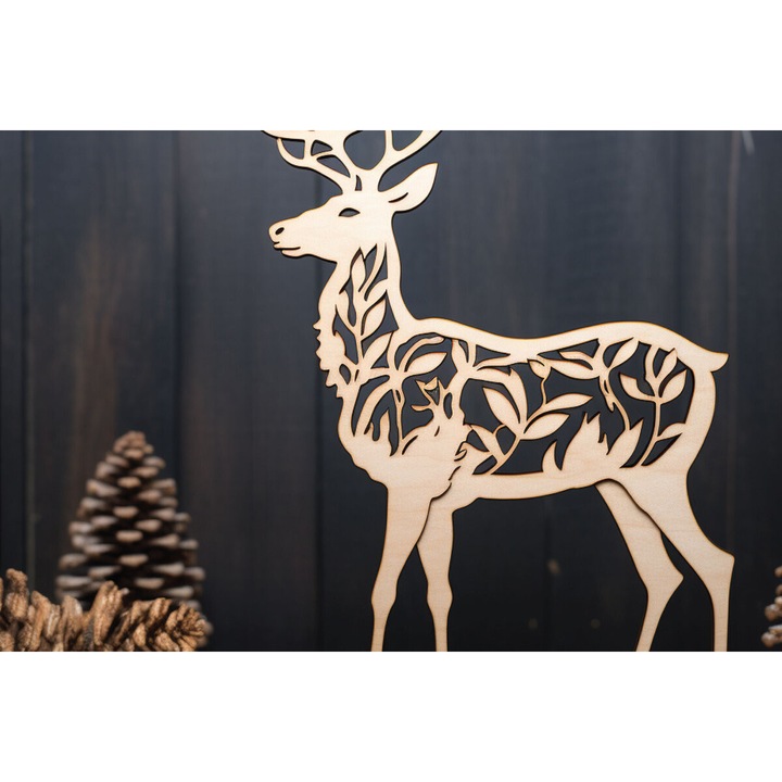 Decoratiune din lemn taiat cu laser, Intrahome, cerb, 3mm-4mm, 30x20cm