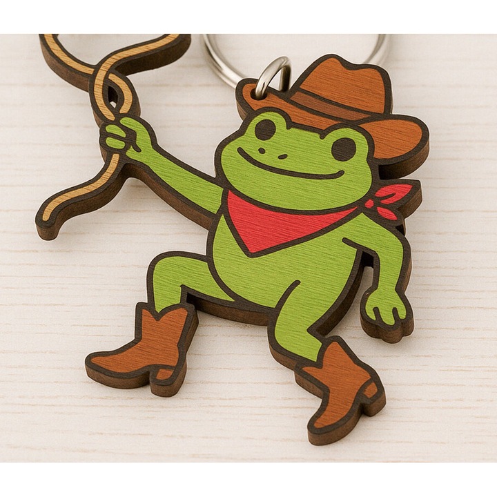 Breloc Cowboy Frog, Intrahome, 3mm-4mm, 4x4cm, din lemn de placaj