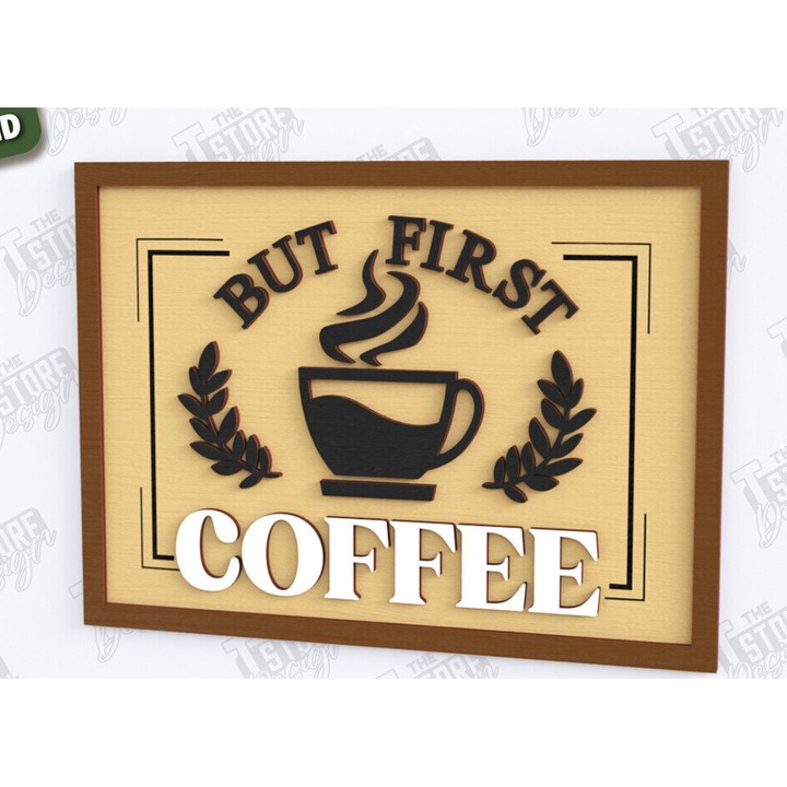 Semn de perete din lemn pentru cafea, Intrahome, taiat cu laser, 30x20cm, din plywood 3mm-4mm